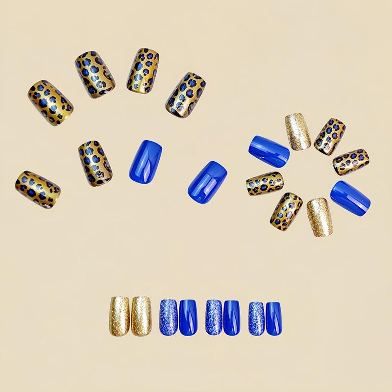 HJKDSFD Medium Press on Nails Dark Blue Square Fake Nails Glossy Glitter False Nails Gold Leopard Print Acrylic Nails Press on Cute Full Cover Reusable Glue on Nail for Women Girls 24Pcs - Image 3